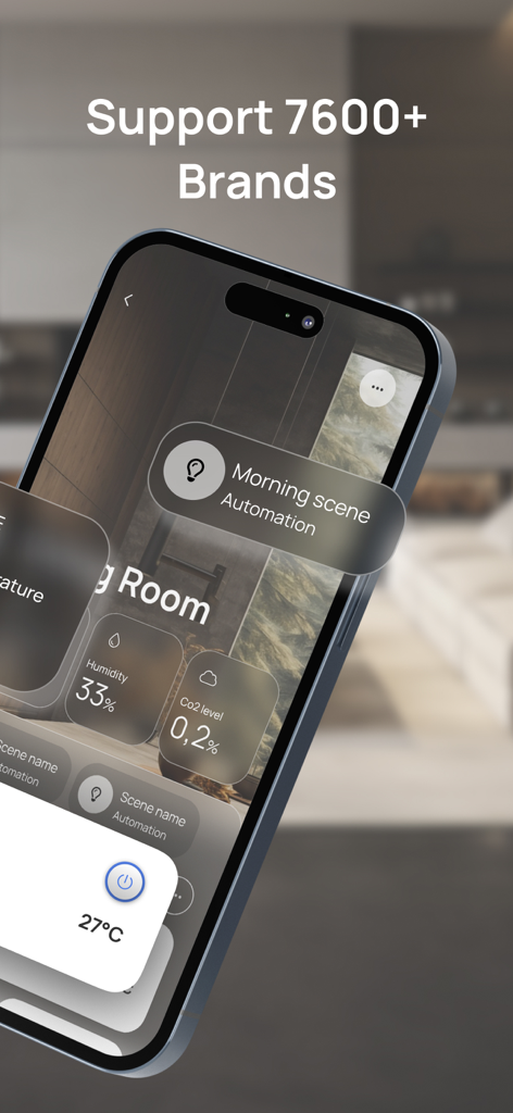 Interfaz de la app Smart Life mostrando una automatización de escena matutina y sensores ambientales en un iPhone