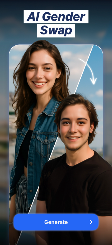Photica (Pixly)・Photo Animator - AI gender swap filter showing a female to male transformation in the Photica app
