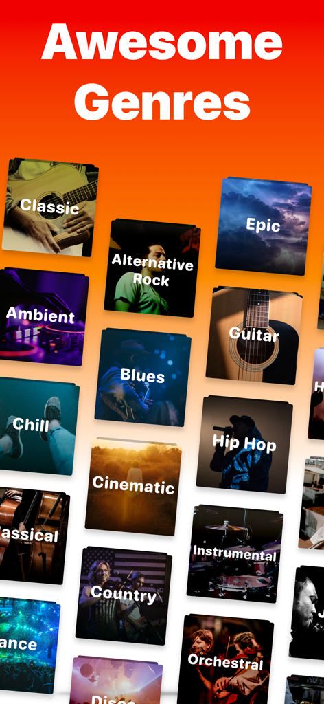 A selection of music genre categories like Hip Hop, Cinematic, and Country for video editing in the Clips app.