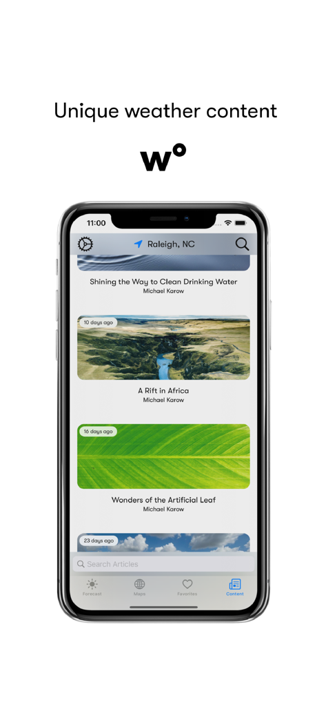 Weatherology: Weather Together - iPhone screen showing unique weather articles and stories in the Weatherology app