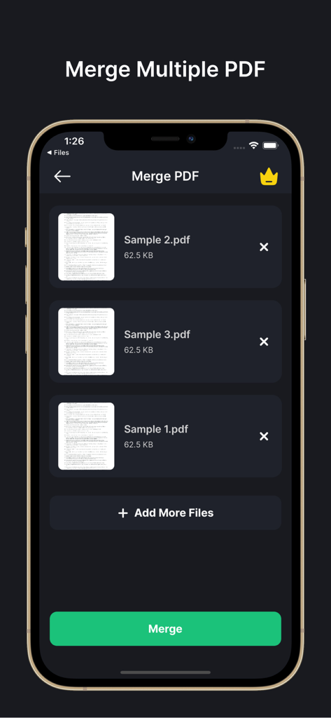 PDF Compressor: Size Reduce - Interface of the PDF Compressor app showing the merge multiple PDF files feature with a list of documents and a merge button