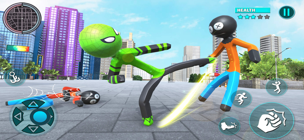 Grand Stickman City Hero Game - A green stickman superhero performing a flying kick against an enemy in a city street environment