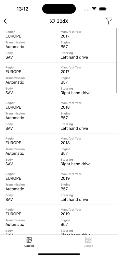 Écran de l'application BMW ETK montrant une liste des spécifications du modèle X7 30dX, y compris l'année, le moteur et la direction