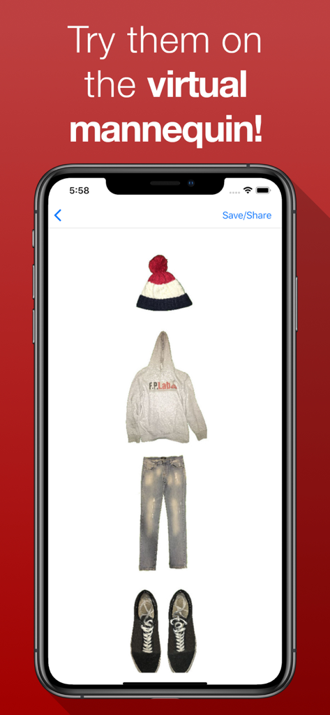 Virtual mannequin interface in the Outfit Manager app showing a vertical stack of clothes including a hat hoodie and jeans