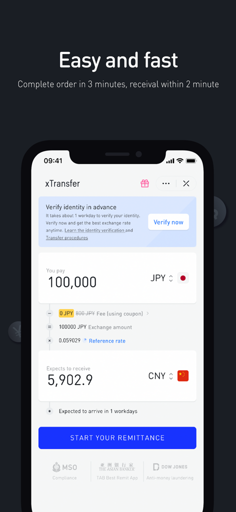 xCurrency app interface showing a cross border money transfer from Japanese Yen to Chinese Yuan