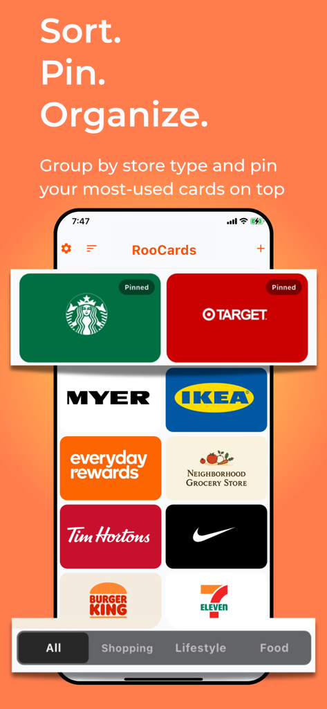 Store Card - All in One App - Digital wallet interface showing pinned loyalty cards and store categories