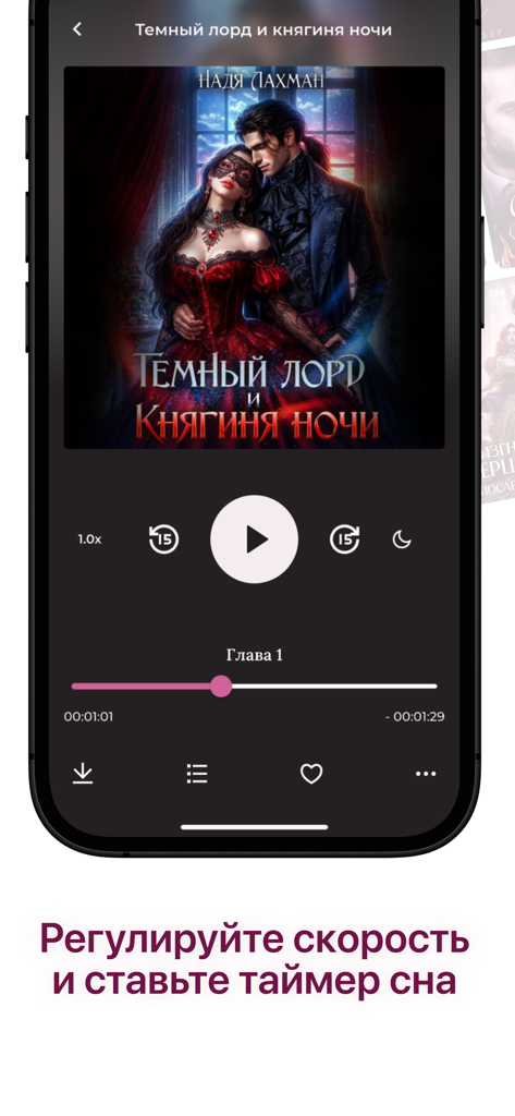 Interfaz del reproductor de audiolibros de Litnet con ajuste de velocidad y temporizador de apagado.