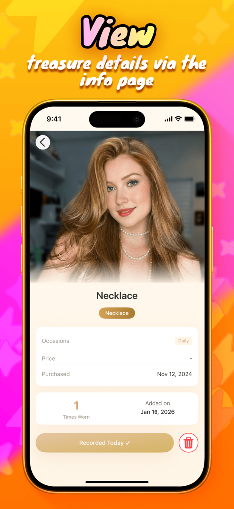 Jorvi - Collect & Connect - Jorvi app screen showing the detailed information page for a cataloged necklace, including a photo and wearing history.
