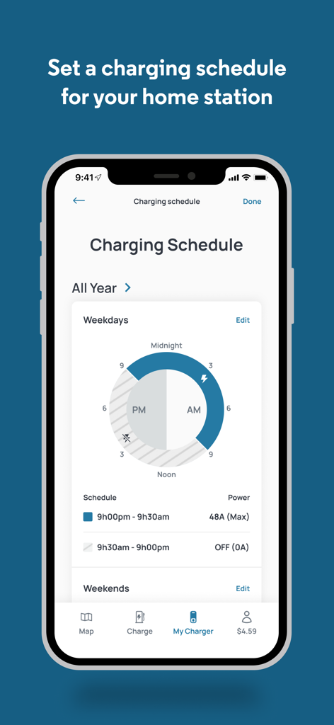 FLO EV Charging App-Bildschirm mit der Ladeplanungsfunktion für eine Heimstation mit einem kreisförmigen Zeitauswahl.