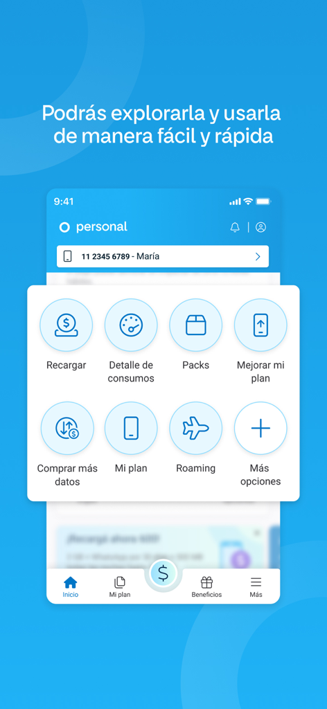 Mi Personal - Le tableau de bord principal de l'application Mi Personal affiche des icônes pour les détails de consommation de recharge et la gestion des forfaits.