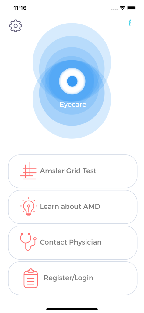 The main menu of the Eyecare app featuring options for Amsler Grid Test, learning about AMD, and contacting a physician.