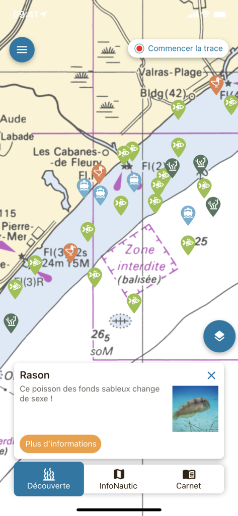 Nav&Co - Nav and Co app interface showing a maritime navigation map with biodiversity icons and a popup about a fish