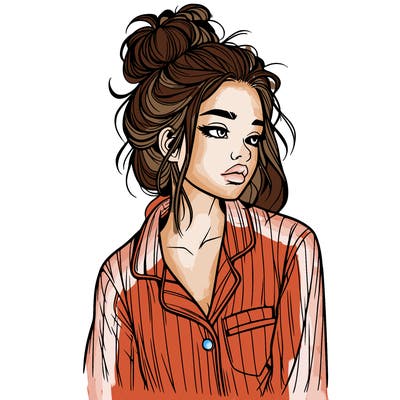 realistic woman with pajamas on and a messy bun