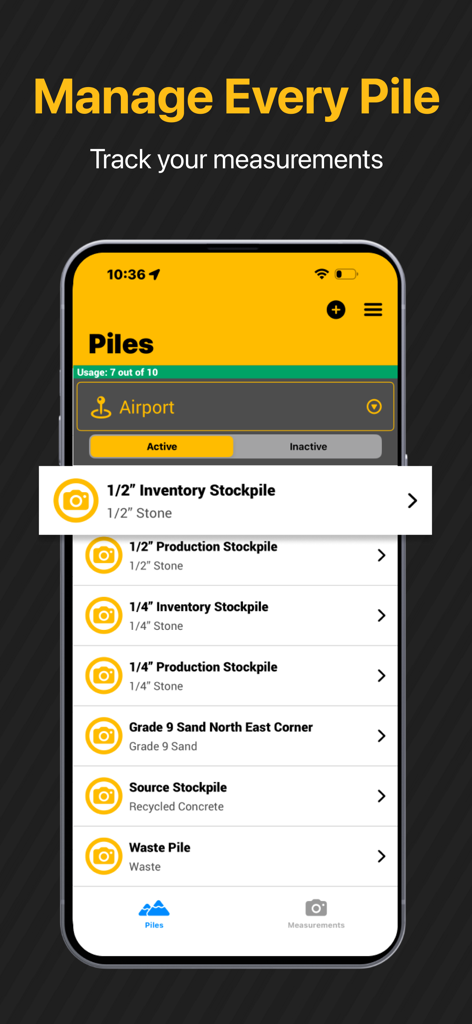 SR Measure App-Oberfläche, die eine Liste verwalteter Materialbestände für Nachverfolgung und Inventur zeigt