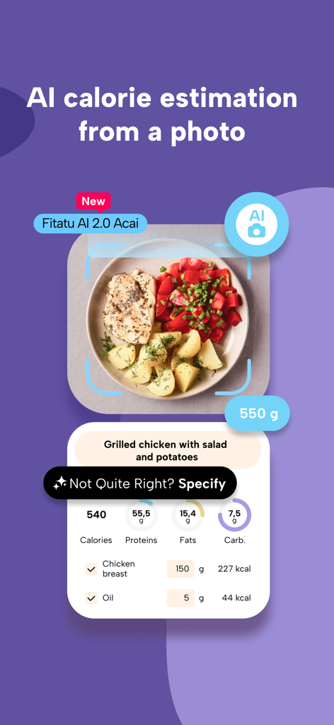 Stima di calorie e macro di Fitatu AI 2.0 Acai da una foto di un pasto