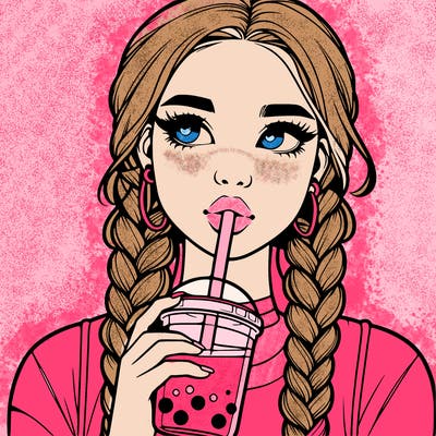 realistic girl with braided hair drinking boba