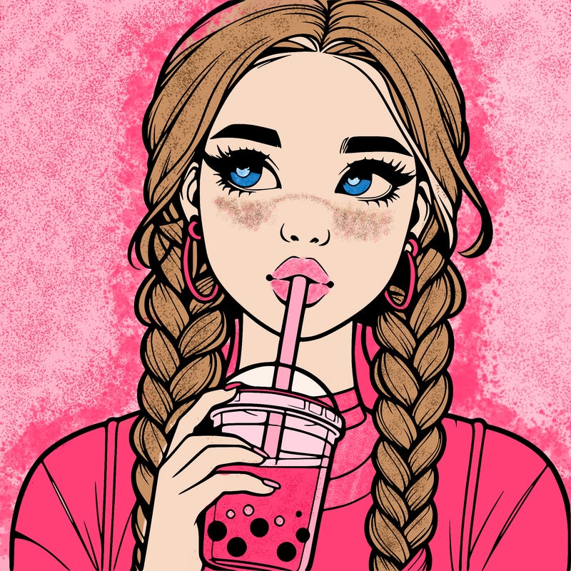 realistic girl with braided hair drinking boba