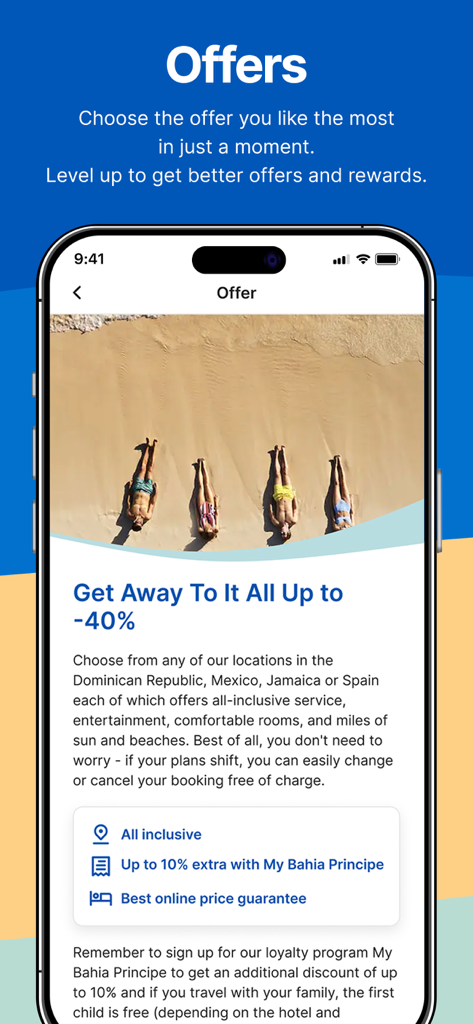 Bahia Principe Hotels - App Hoteles Bahia Principe mostrando ofertas de vacaciones y recompensas de fidelidad.