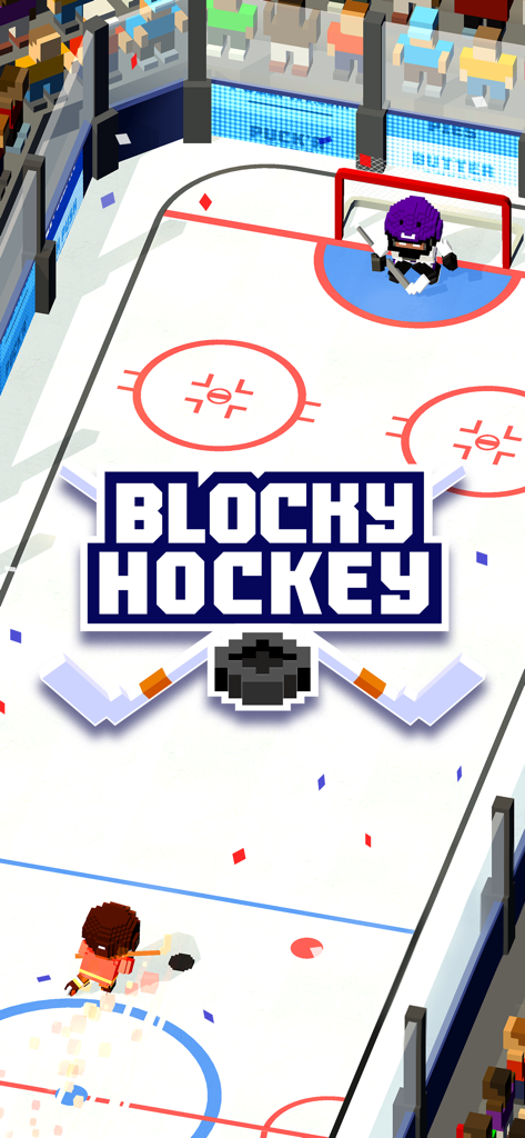 Blocky Hockey game logo on a voxel style hockey rink