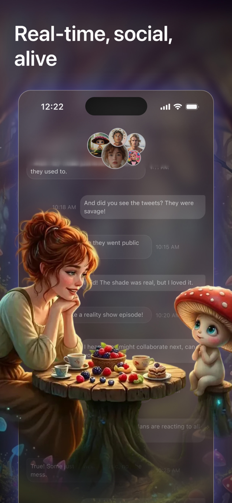 Cantina‎ - Interface of Cantina app showing a real-time chat between a red-haired AI character and a small mushroom creature in a fantasy setting.