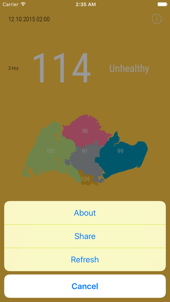 Haze Weather app displaying an unhealthy air quality index of 114 with a regional map of Singapore