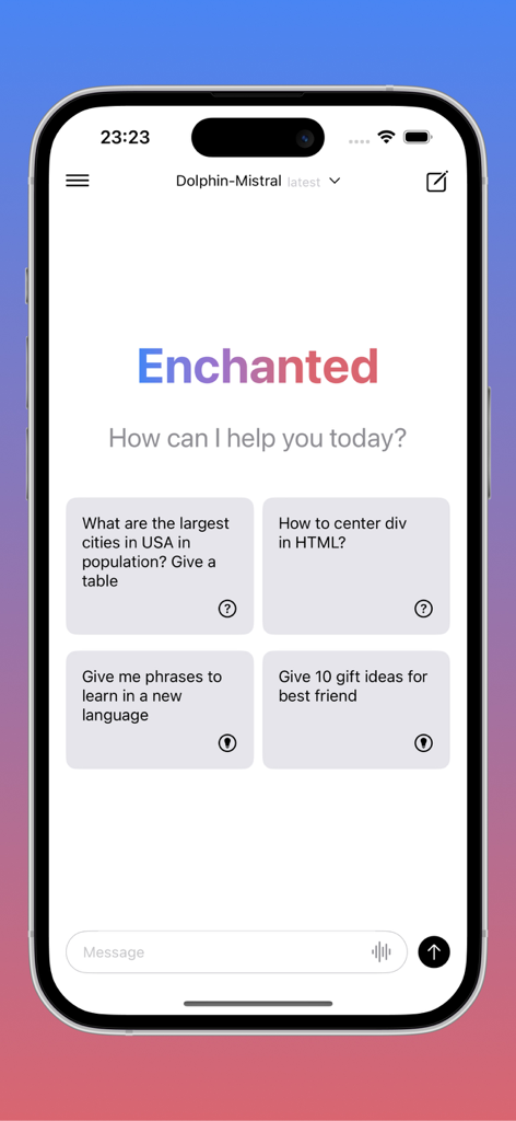 Enchanted Developers Only - Main interface of the Enchanted chat app showing AI prompt suggestions and model selection