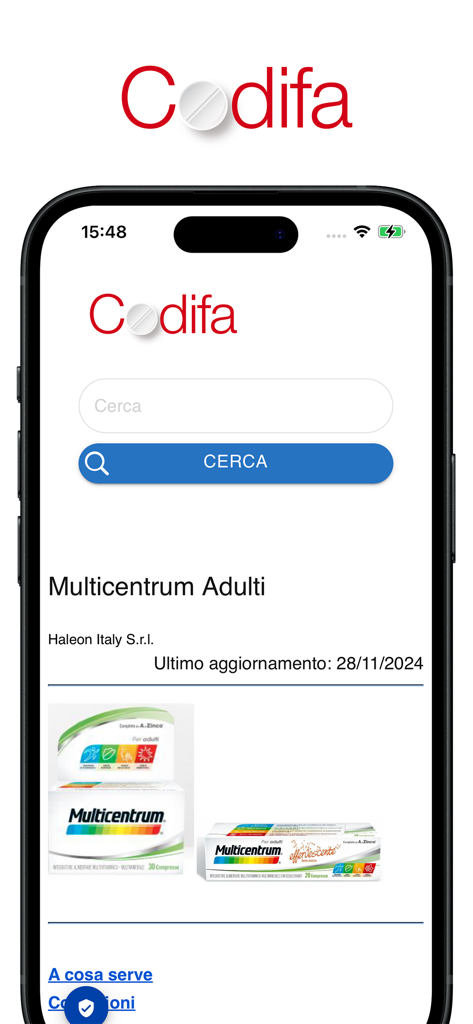 Codifa Farmadati - Codifa Farmadati mobile app interface showing a search result for Multicentrum Adulti with product details and images