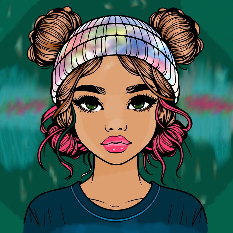 realistic girl with buns in her hair with a beanie on