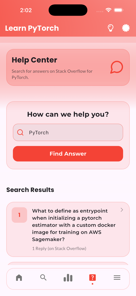 Learn PyTorch Tutorials - PyTorchを学ぶヘルプセンターと統合されたStack Overflowの検索結果が表示されているモバイルアプリ画面。