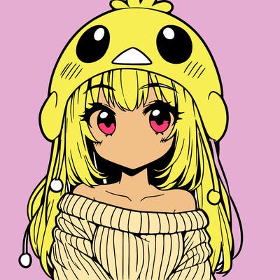 anime girl with chick shaped hat with sweater with bare shoulders with bangs covering them one eye with low tail