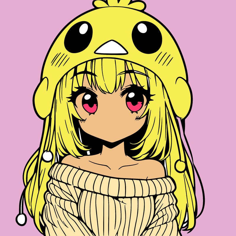 anime girl with chick shaped hat with sweater with bare shoulders with bangs covering them one eye with low tail