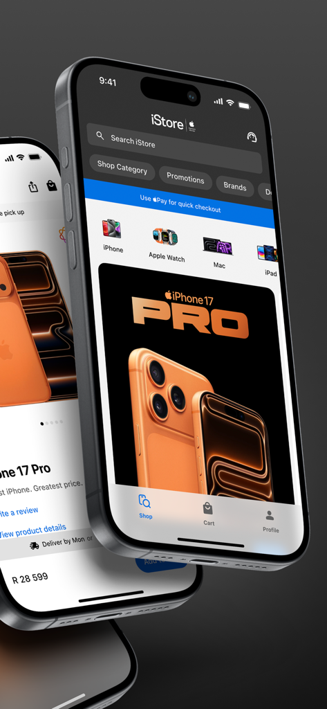 iStore South Africa app interface on an iPhone showing Apple product categories and promotional banners