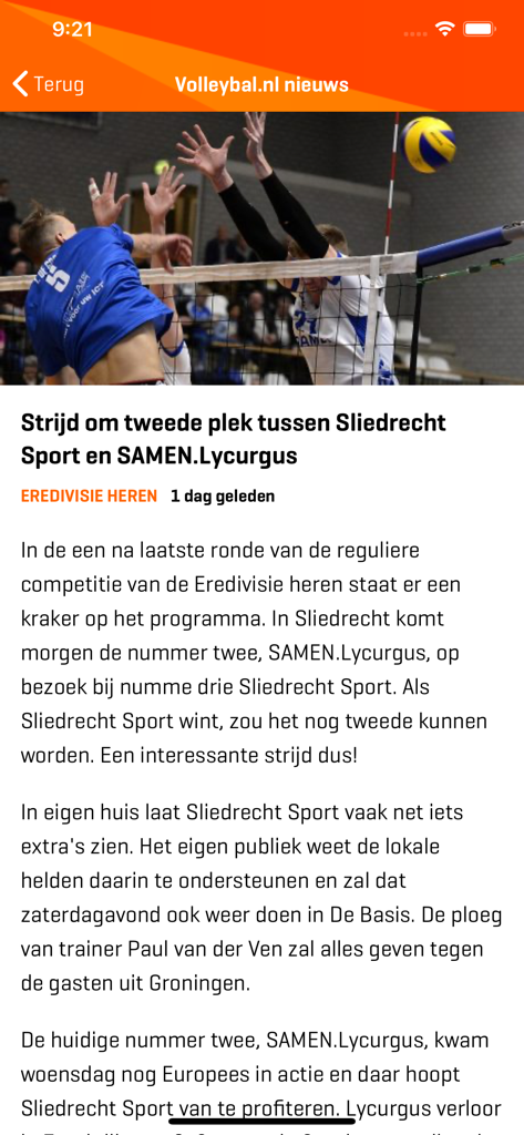 A news article within the Volleybal.nl app featuring a match preview between Sliedrecht Sport and SAMEN Lycurgus.