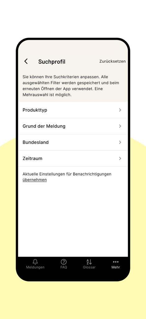 Search profile screen in the lebensmittelwarnung app for customizing product recall filters and notifications