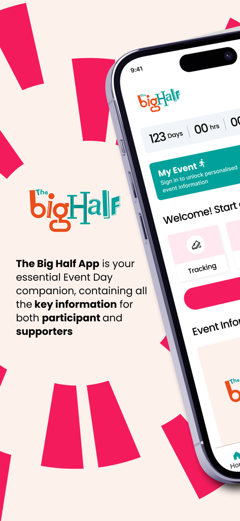 Startbildschirm der Big Half 2025 App auf einem iPhone mit Renn-Countdown und Informationen zum Veranstaltungstag für Teilnehmer und Unterstützer
