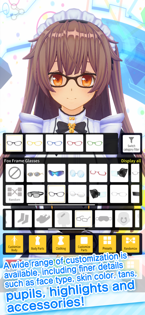 Customizing a 3D anime characters glasses in the CUSTOM CAST mobile app