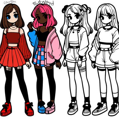 one girl with crop-top shirt and a jacket with a skirt, long socks and another girl with a shirt and pants with a jacket