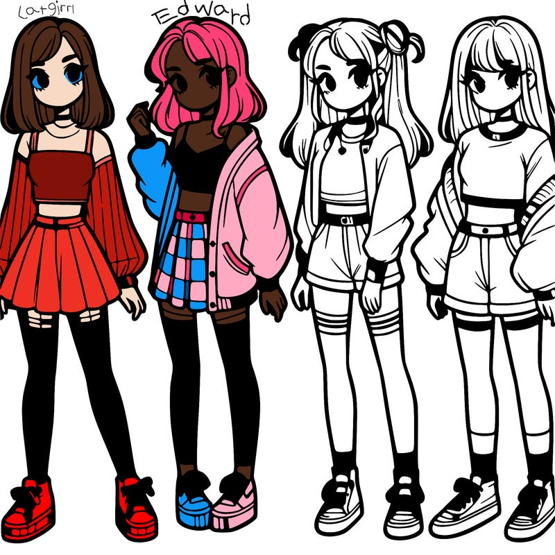 one girl with crop-top shirt and a jacket with a skirt, long socks and another girl with a shirt and pants with a jacket