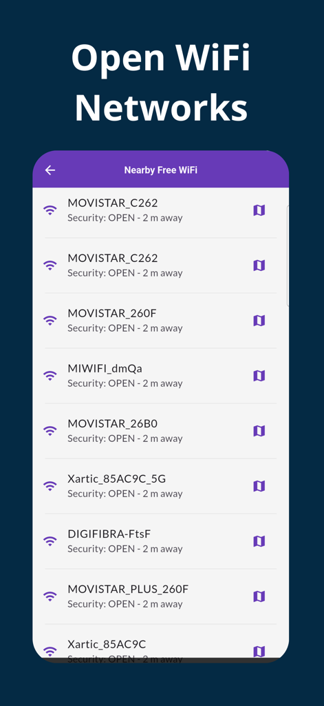 Wifi Password Automatic - Interface of the app showing a list of nearby open Wi-Fi networks with security status and distance