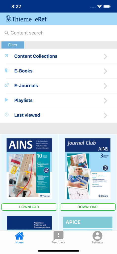 Home screen of the eRef medical app featuring search and access to e-books and e-journals