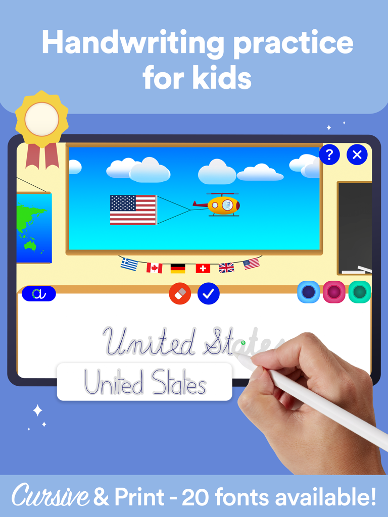 Dynamilis Handwriting Practice - Child practicing cursive handwriting on an iPad screen using a stylus