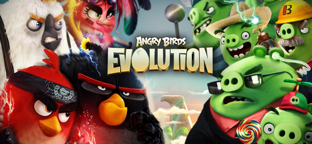 Angry Birds Evolution - Promotional banner for Angry Birds Evolution showing stylized birds and pigs