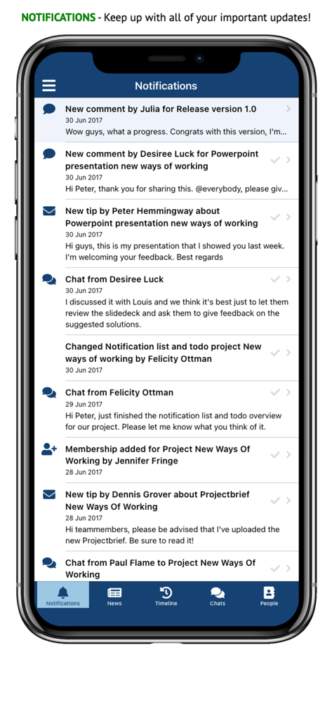 Connect Rijksapp - Notifications feed in the Connect Rijksapp showing work updates and team chats