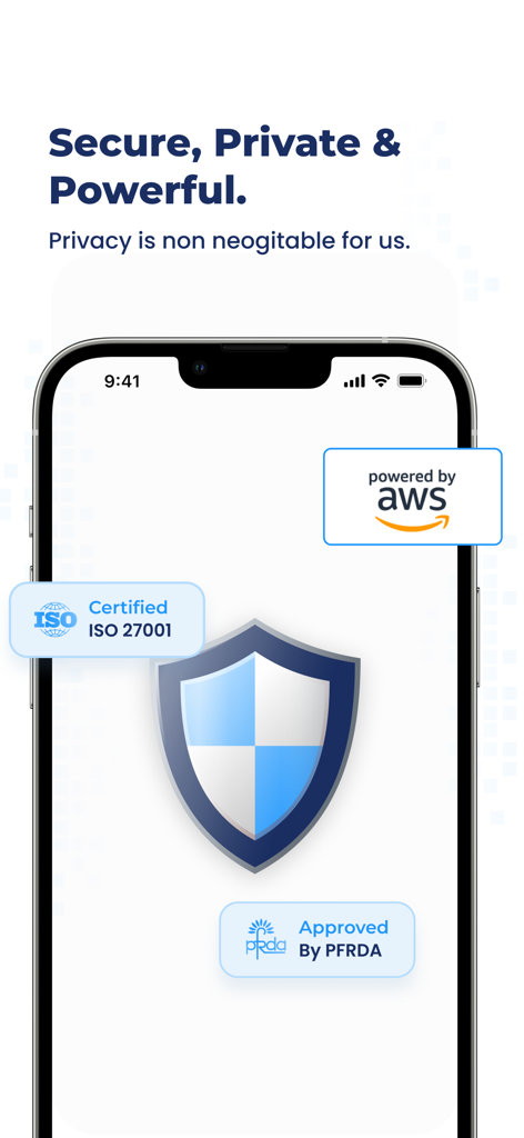 NPS by PensionBox - Security screen of the NPS by PensionBox app displaying ISO 27001 and PFRDA compliance badges.