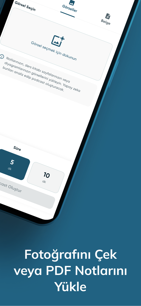 Interface of the PodRise app showing the feature to upload photos or PDF notes to generate an AI podcast.