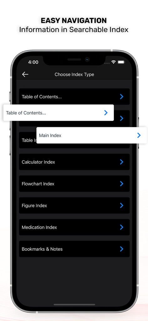 Williams Manual of Hematology - Williams Manual of Hematology app screen showing searchable index options including table of contents, medication index, and flowchart index.