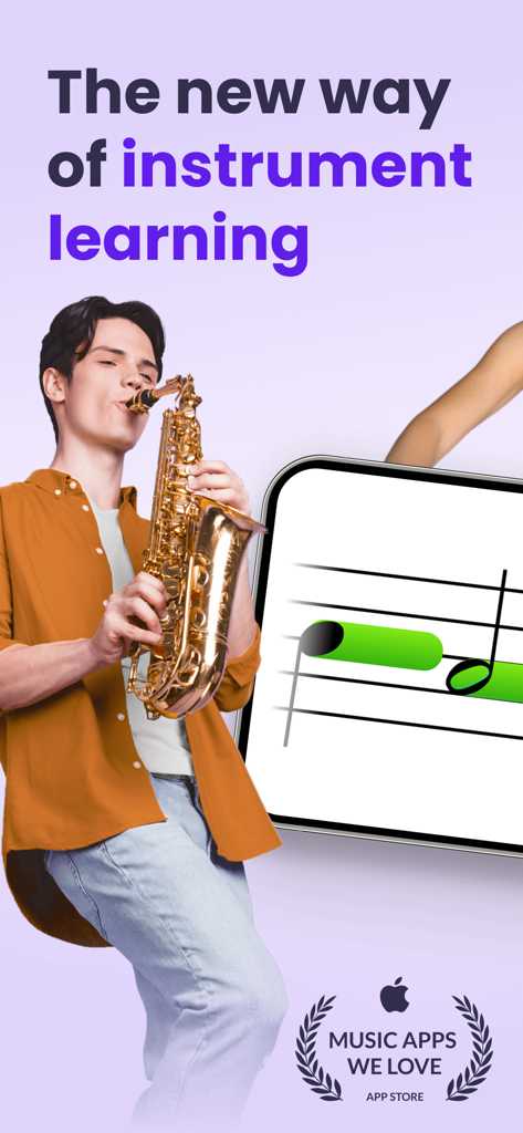 A young man practices the saxophone using the tonestro music lessons app which displays real-time performance feedback