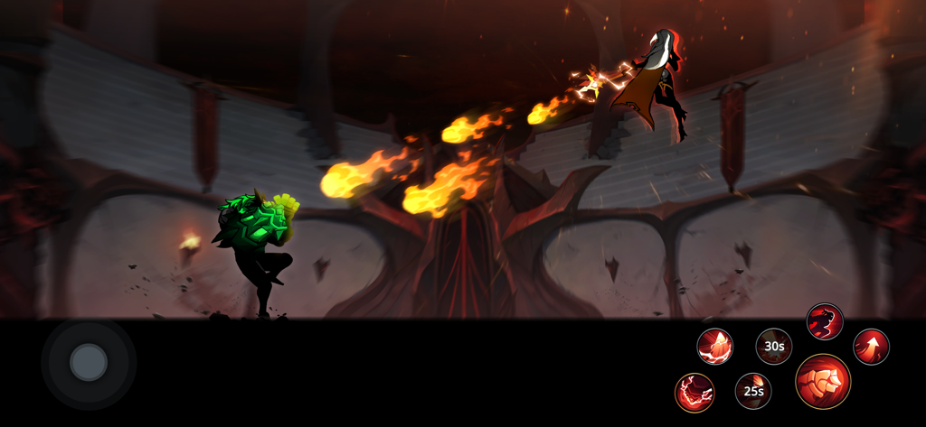 Shadow Knight Ninja Fight Game - Eine Shadow Knight-Figur in einer dunklen Fantasy-Arena, die einen fliegenden Feind mit Feuerfähigkeiten bekämpft