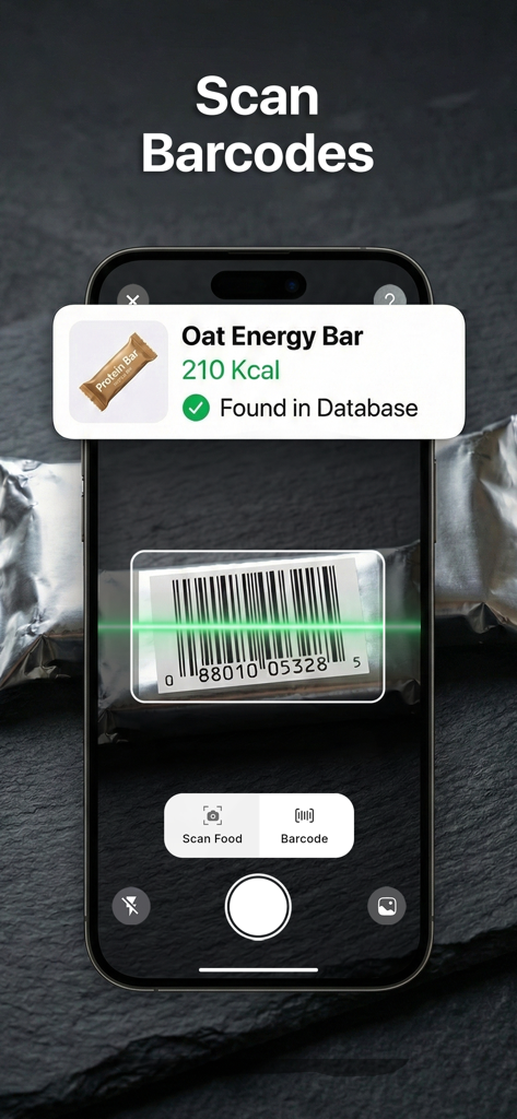 AI Calorie Counter - Scan Food - Um smartphone escaneando o código de barras de uma barra de energia para mostrar dados de calorias e nutrição.