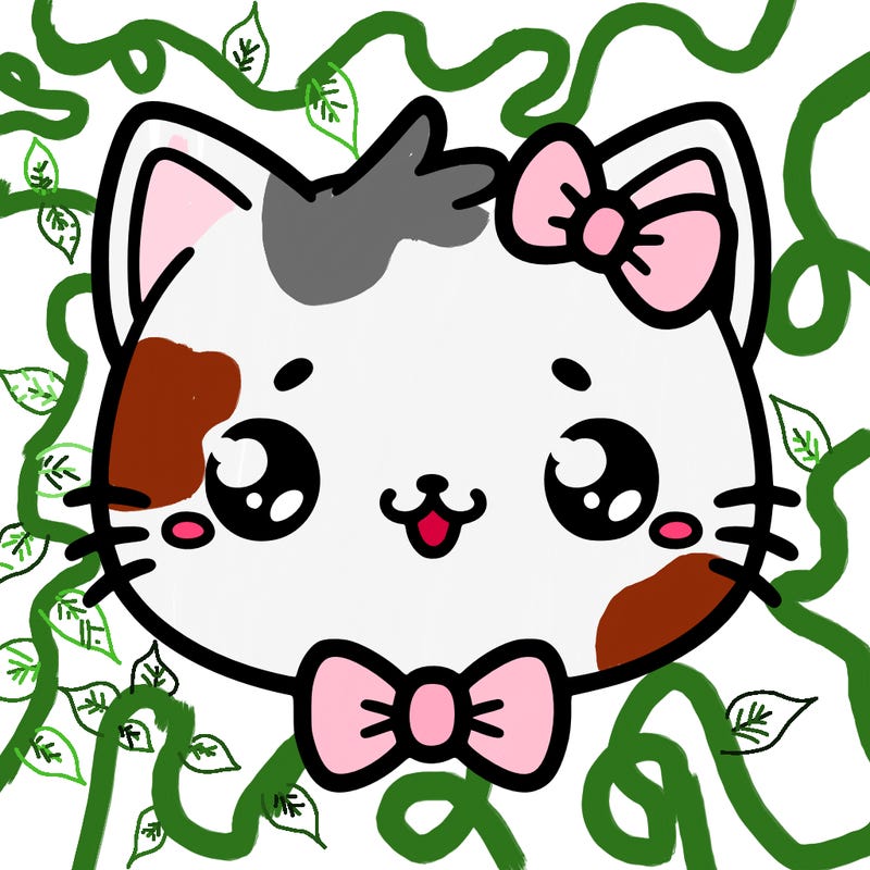 kawaii cat with a bow tie hanging from his ear